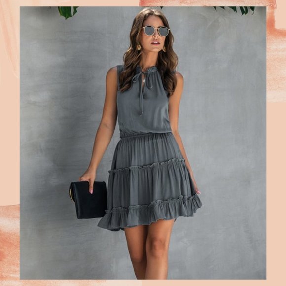 Taylor & Cambria Dresses & Skirts - Landry Gray Swing High Neck Ruffle Dress